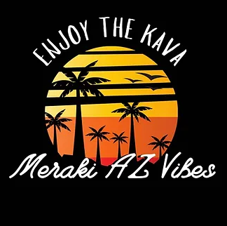 Graphic for Meraki AZ Vibes with 'ENJOY THE KAVA' in curved lettering above a warm sunset graphic with palm silhouettes, reflecting the relaxing tropical ambiance of Meraki Kava Lounge in Phoenix, AZ.