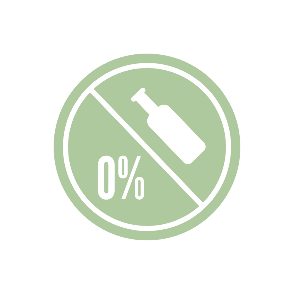 Graphic showing a '0%' alcohol symbol with a crossed-out bottle, signifying that Chill Elixir by Relaxed Fx is an alcohol-free beverage option, ideal for consumers seeking non-alcoholic alternatives.