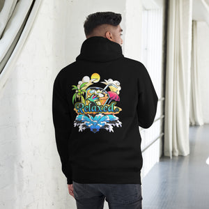A person standing with their back to the camera, wearing a black hoodie featuring a colorful and vibrant Relaxedfx brand logo with tropical motifs, in a bright indoor setting.